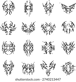 Pixelated Bitmap mesh icons dithered texture retro aesthetic digital noise Y2K grunge asset isolated on transparent background vector illustration projects.