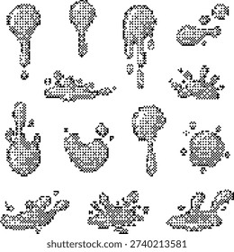 Pixelated Bitmap slime icons dithered texture digital noise Y2K aesthetic retro lo-fi asset isolated on transparent background vector illustration design projects.