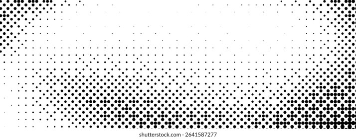 Pixelated bitmap texture background. Black dither pattern wallpaper. Abstract glitch binary gradient pattern. Wide rasterized halftone screen overlay. 8 bit video game backdrop. Vector
