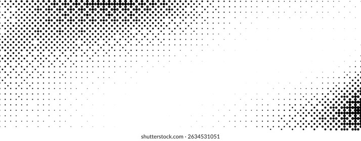 Pixelated bitmap texture. Black and white dither pattern wallpaper. Abstract glitch gradient pattern. 8 bit video game background. Wide raster screen backdrop. Vector halfton pixel art illustration 