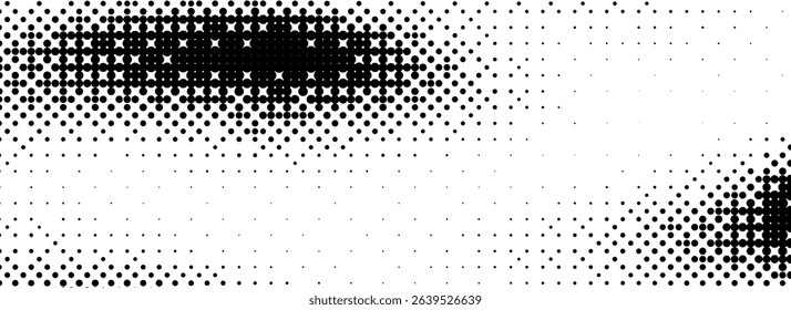 Pixelated bitmap texture cover. Black dithered pattern wallpaper. Abstract glitch gradient pattern. Wide rasterized halftone screen backdrop. 8 bit video game background. Vector overlay