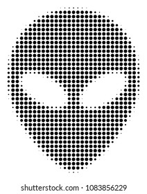 Pixelated black alien face icon. Vector halftone collage of alien face icon done of round items.
