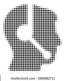 Pixelated black call center operator icon. Vector halftone collage of call center operator icon formed from round elements.