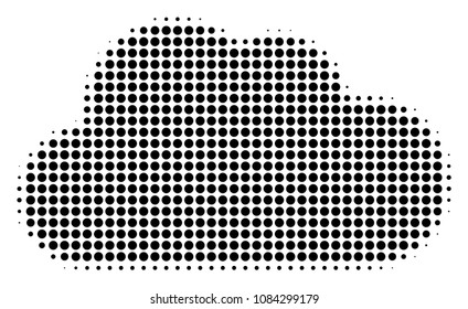 Pixelated black cloud icon. Vector halftone pattern of cloud pictogram formed from spheric elements.