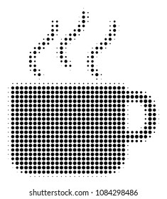 Pixelated black coffee cup icon. Vector halftone mosaic of coffee cup icon designed of round dots.