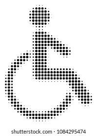 Pixelated black disabled person icon. Vector halftone pattern of disabled person pictogram created with round elements.