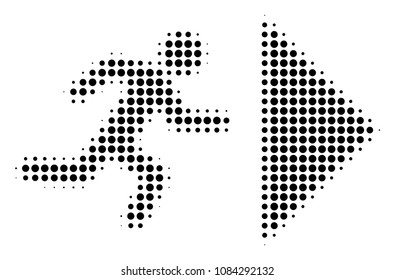 Pixelated black exit direction icon. Vector halftone pattern of exit direction icon composed of circle items.
