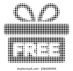 Pixelated black free gift icon. Vector halftone mosaic of free gift pictogram combined with spheric dots.