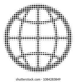 Pixelated black globe icon. Vector halftone composition of globe icon formed of spheric points.