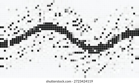 Movimiento de onda negro y gris pixelado sobre fondo de cuadrícula blanco con Elementos cuadrados dispersos Ilustración vectorial