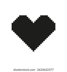 Pixelated Black Heart Icon. Retro Gaming, Love, And Emotion Symbol. Nostalgic 8-Bit Design. Isolated Vector Illustration.