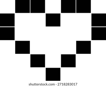 Pixelated black heart shape formed by squares on white background