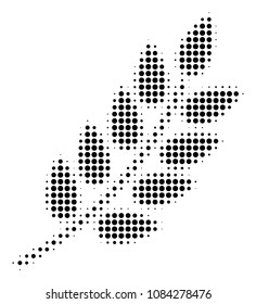 Pixelated black leaf branch icon. Vector halftone collage of leaf branch symbol created of circle items.