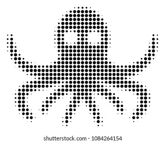 Pixelated black octopus icon. Vector halftone composition of octopus icon created from round items.