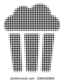Pixelated black popcorn bucket icon. Vector halftone mosaic of popcorn bucket symbol made of spheric points.