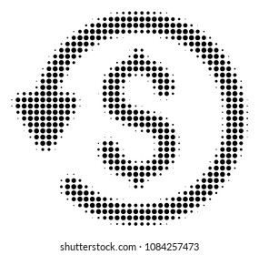 Pixelated black refund icon. Vector halftone mosaic of refund pictogram constructed of circle elements.