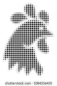 Pixelated black rooster head icon. Vector halftone mosaic of rooster head pictogram organized from spheric items.