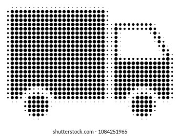 Pixelated black shipment van icon. Vector halftone collage of shipment van pictogram constructed of spheric items.