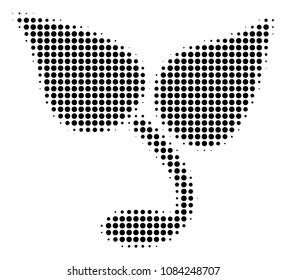 Pixelated black sprout icon. Vector halftone composition of sprout symbol constructed with round pixels.