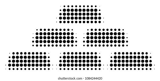 Pixelated black treasure bricks icon. Vector halftone pattern of treasure bricks pictogram combined with spheric pixels.