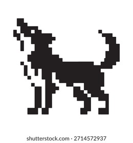 Uma imagem em preto e branco pixelizada representando o perfil lateral de um lobo uivador