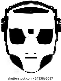 Pixelated black and white image of a robotic face.