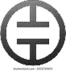 Pixelated black and white image of a symbol inside a circle.