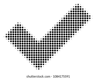 Pixelated black yes icon. Vector halftone composition of yes symbol combined of spheric points.