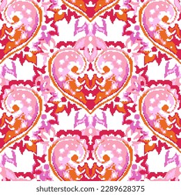 Pixelated blooming flower decoration, ornament with leaves and flora. Floral design with leafage and flourishing, Seamless pattern, wallpaper or background print. Vector in flat style illustration