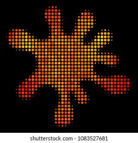 Pixelated blot icon. Bright pictogram in hot color hues on a black background. Vector halftone mosaic of blot symbol combined of circle pixels.