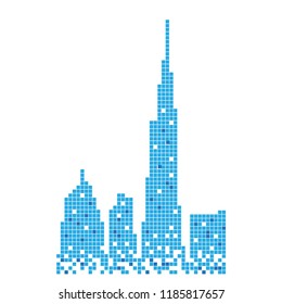 Pixelated blue building of building in Dubai illustration design vector