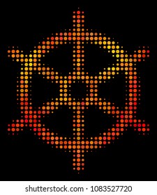 Pixelated boat steering wheel icon. Bright pictogram in fire color tints on a black background. Vector halftone collage of boat steering wheel pictogram made of circle items.