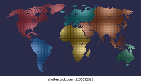 Pixelated box-style dotted global map in minimalist drawing; Creative conceptual Vector design of Colorful continents aligned to grid suitable for Technology, Geology, Education, Travel, info graphic.