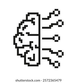 Pixelated Brain with Circuits Icon. Artificial Intelligence and Neural Network Symbol. AI Technology with Circuit Elements Design. Isolated Vector Illustration.