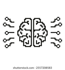 Pixelated Brain Icon with Neural Connections. Digital Brain and Data Flow Symbol in Pixel Art Style. Neural Network and Intelligence Symbol. Isolated Vector Illustration.