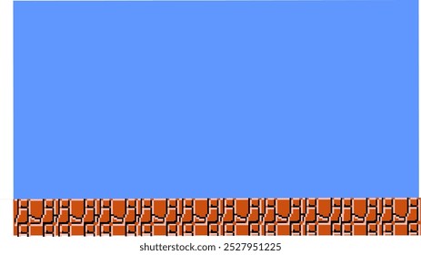 A pixelated brick platform is displayed at the bottom, contrasting with the clear blue sky backdrop. The simplicity evokes a classic retro video game vibe