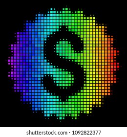 Pixelated bright halftone bank seal icon drawn with spectral color tints with horizontal gradient on a black background. Multicolored vector collage of bank seal pictogram made from square points.