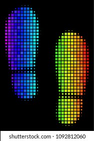 Pixelated bright halftone boot footprints icon in spectral color tones with horizontal gradient on a black background.