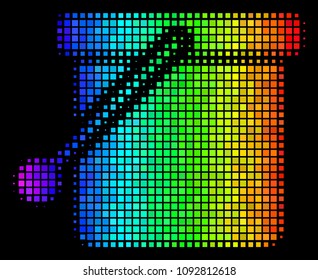 Pixelated bright halftone bucket icon in spectrum color tones with horizontal gradient on a black background. Colored vector mosaic of bucket illustration made of square cells.