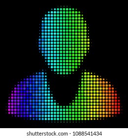 Pixelated bright halftone client icon drawn with rainbow color tinges with horizontal gradient on a black background. Color vector collage of client illustration created of spheric items.