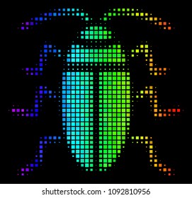 Pixelated bright halftone cockroach icon in rainbow color shades with horizontal gradient on a black background. Color vector pattern of cockroach pictogram combined of rectangle dots.