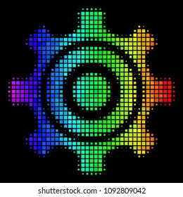 Pixelated bright halftone cogwheel icon in spectrum color tinges with horizontal gradient on a black background. Colorful vector pattern of cogwheel symbol formed from rectangle matrix cells.
