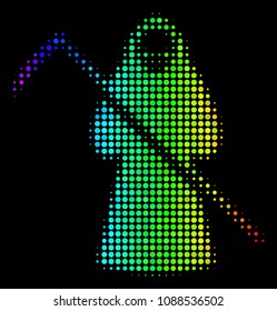 Pixelated bright halftone death scytheman icon drawn with rainbow color hues with horizontal gradient on a black background.