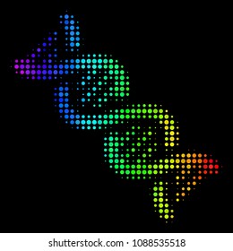 Pixelated bright halftone DNA spiral icon using spectrum color tinges with horizontal gradient on a black background. Multicolored vector mosaic of DNA spiral pictogram composed from round cells.