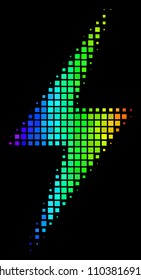 Pixelated bright halftone electric bolt icon drawn with spectrum color hues with horizontal gradient on a black background. Color vector mosaic of electric bolt pictogram made from rectangle cells.