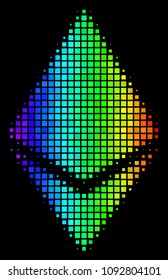 Pixelated bright halftone Ethereum crystal icon drawn with spectral color tinges with horizontal gradient on a black background.