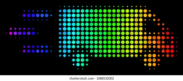 Pixelated bright halftone fast delivery car icon in spectrum color shades with horizontal gradient on a black background.