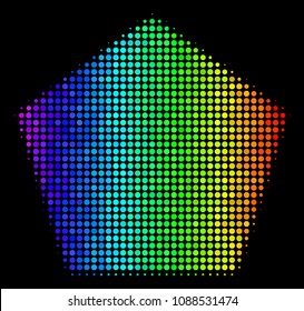 Pixelated bright halftone filled pentagon icon in rainbow color tinges with horizontal gradient on a black background. Color vector pattern of filled pentagon symbol combined with circle cells.