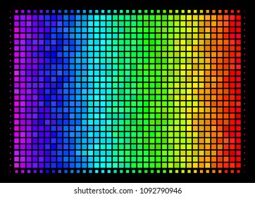 Pixelated bright halftone filled rectange icon drawn with spectrum color tinges with horizontal gradient on a black background.