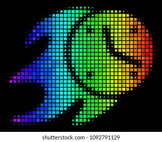 Pixelated bright halftone fire deadline clock icon drawn with rainbow color shades with horizontal gradient on a black background.